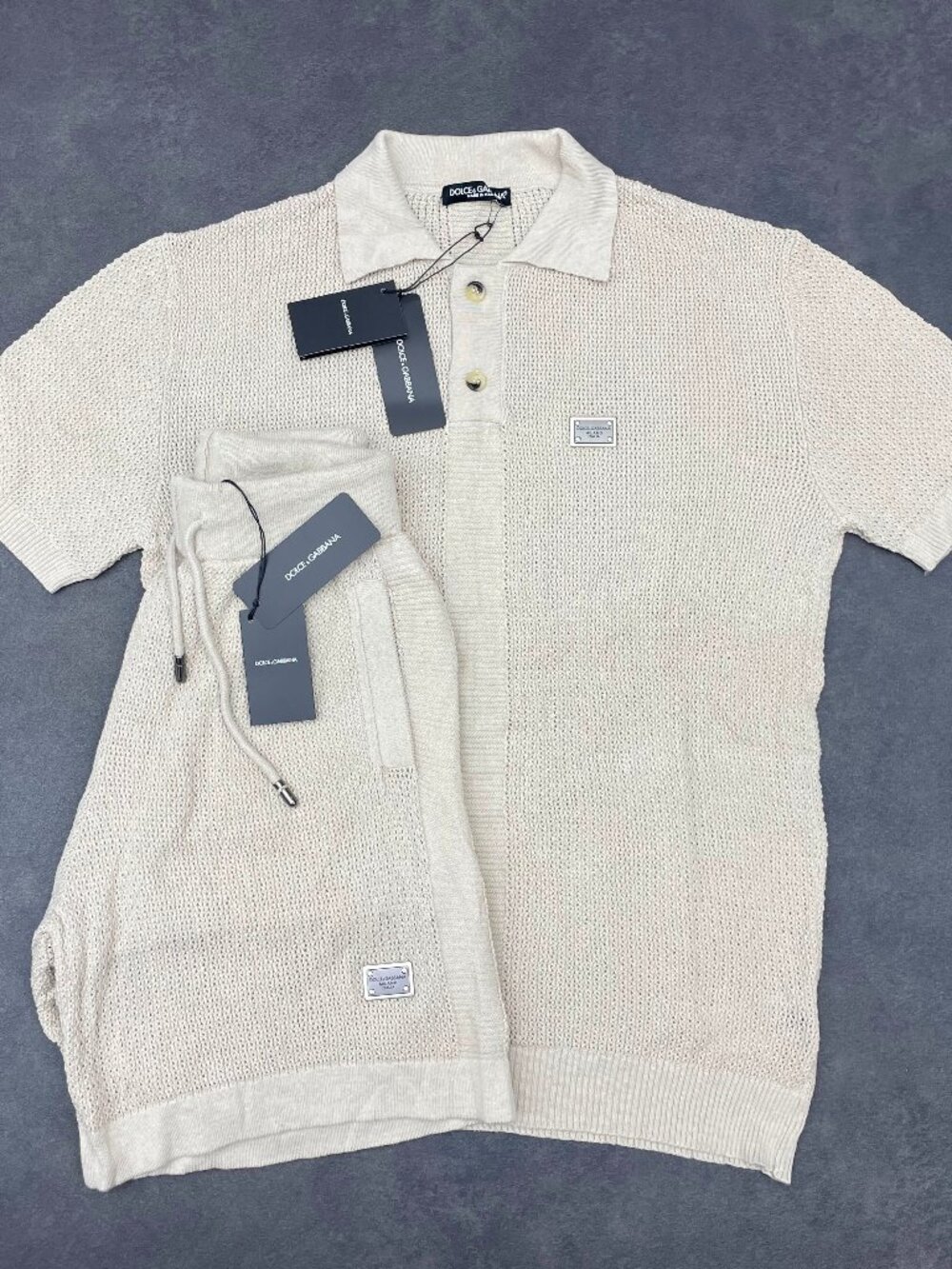 Dolce & Gabbana Men’s Cream Knit Polo Shirt & Shorts Set- Size Medium